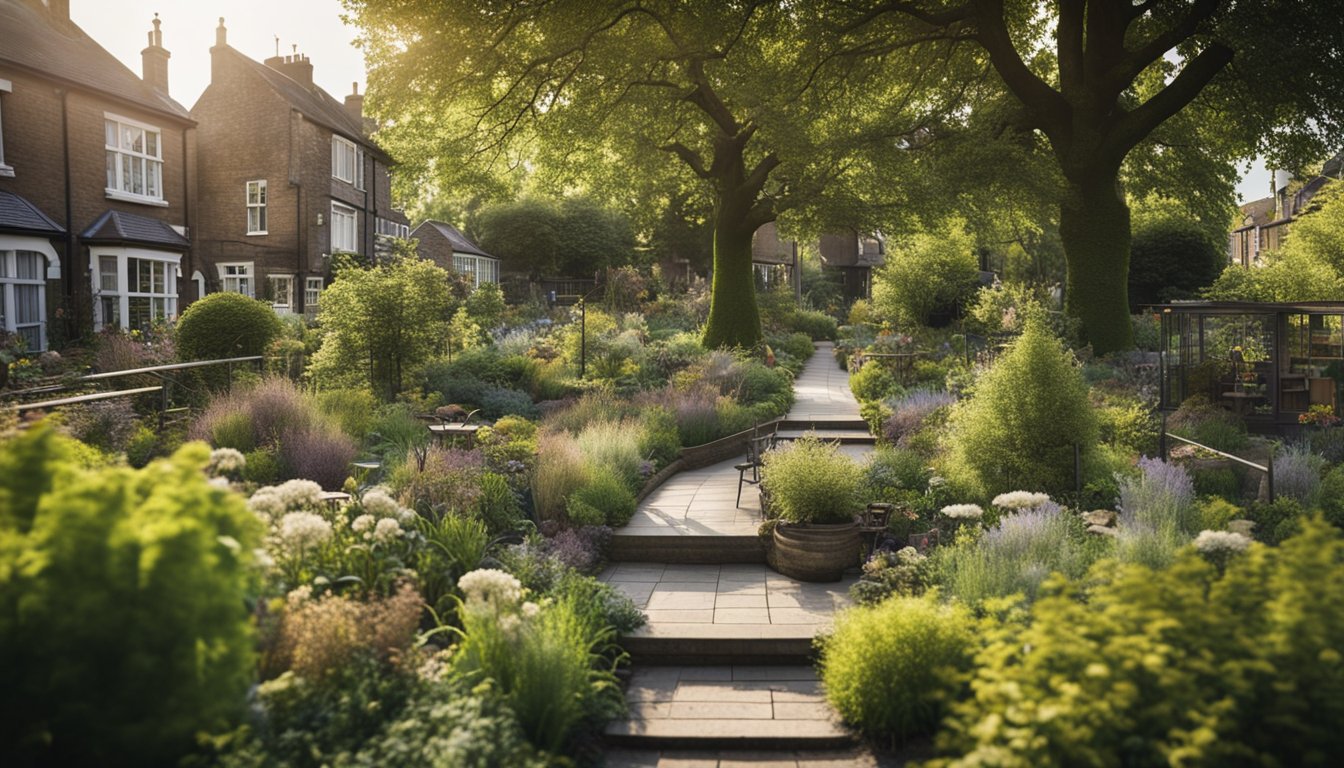 A diverse urban garden with native UK trees, birds, insects, and small mammals coexisting harmoniously, showcasing the importance of supporting biodiversity and ecosystem