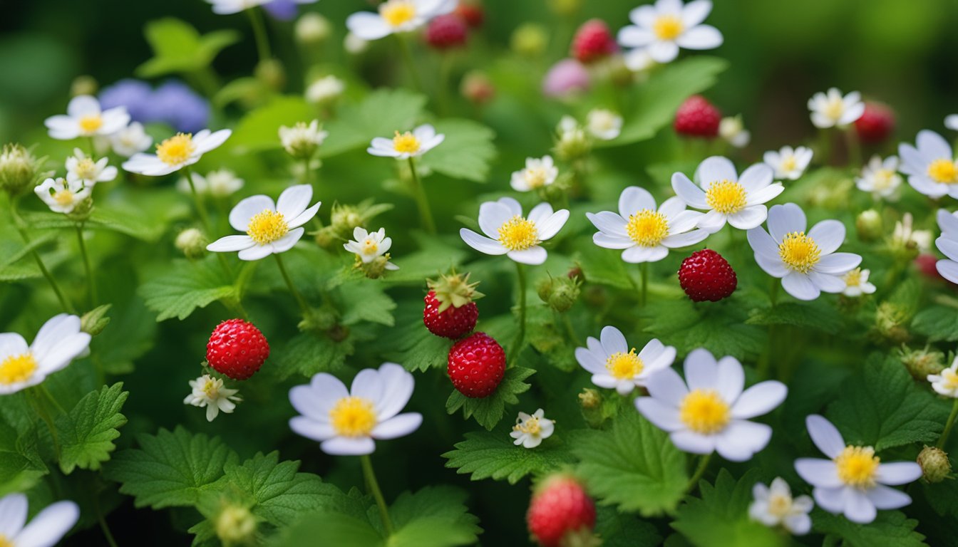 Lush garden with vibrant native plants like wild strawberries, blackberries, and elderflowers. A variety of herbs like thyme, rosemary, and mint grow alongside colorful flowers such as primroses and bluebells