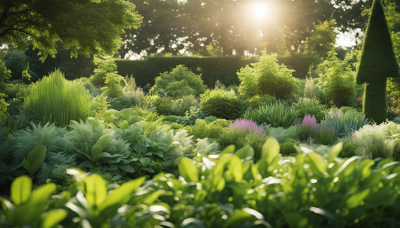 Lush green garden with a variety of native plants. Clear labels identify each edible plant. Bright sunlight illuminates the scene