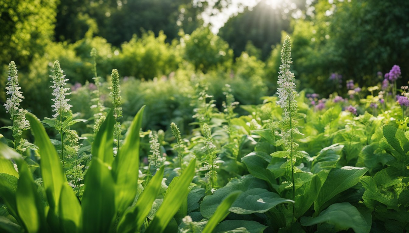 A lush garden with a variety of edible native plants thriving in a harmonious ecosystem, attracting beneficial insects and wildlife