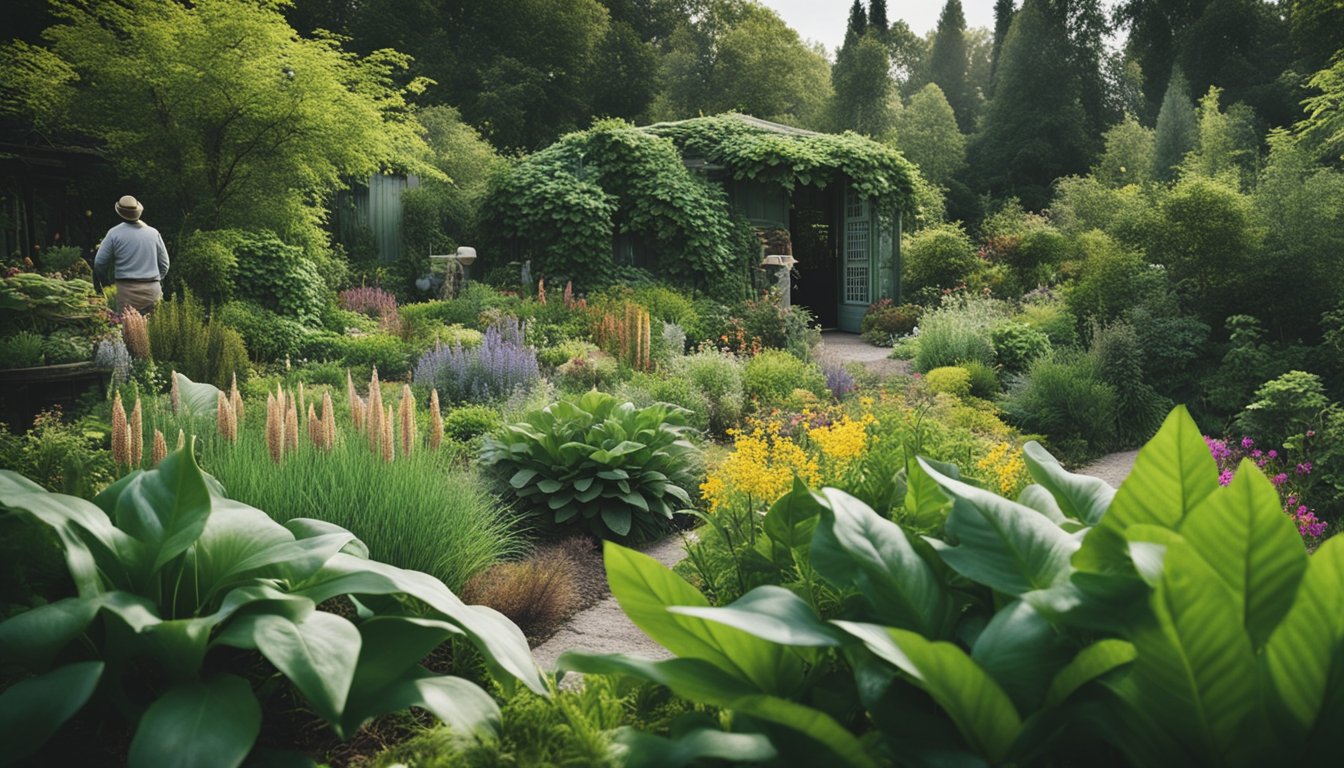 A lush garden with colorful edible native plants, labeled with informative signs, surrounded by curious visitors