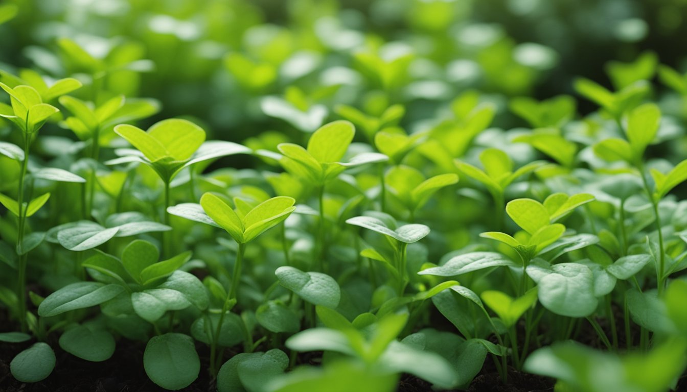 Bright green ground cover plants spread across a garden, suppressing weeds. Native UK species are carefully selected and planted in a well-maintained landscape