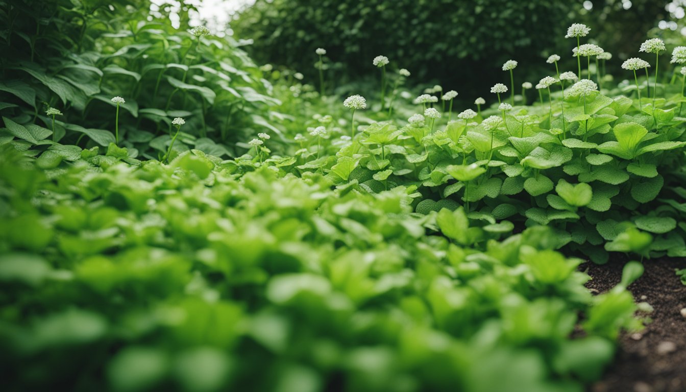 Lush green ground cover plants smothering weeds in a UK garden