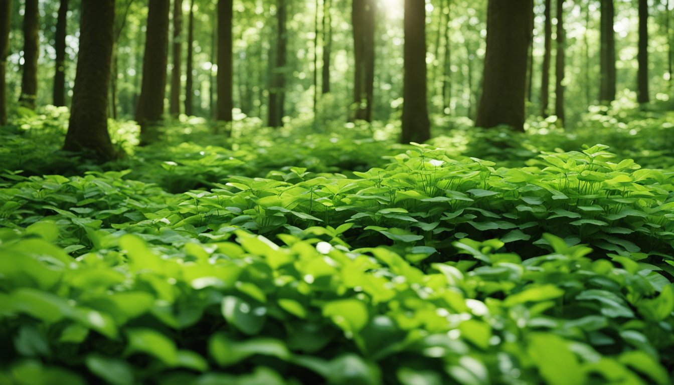 Lush green groundcovers blanket the forest floor, crowding out any potential weeds. The native UK plants thrive in the dappled sunlight, creating a natural carpet of vibrant foliage