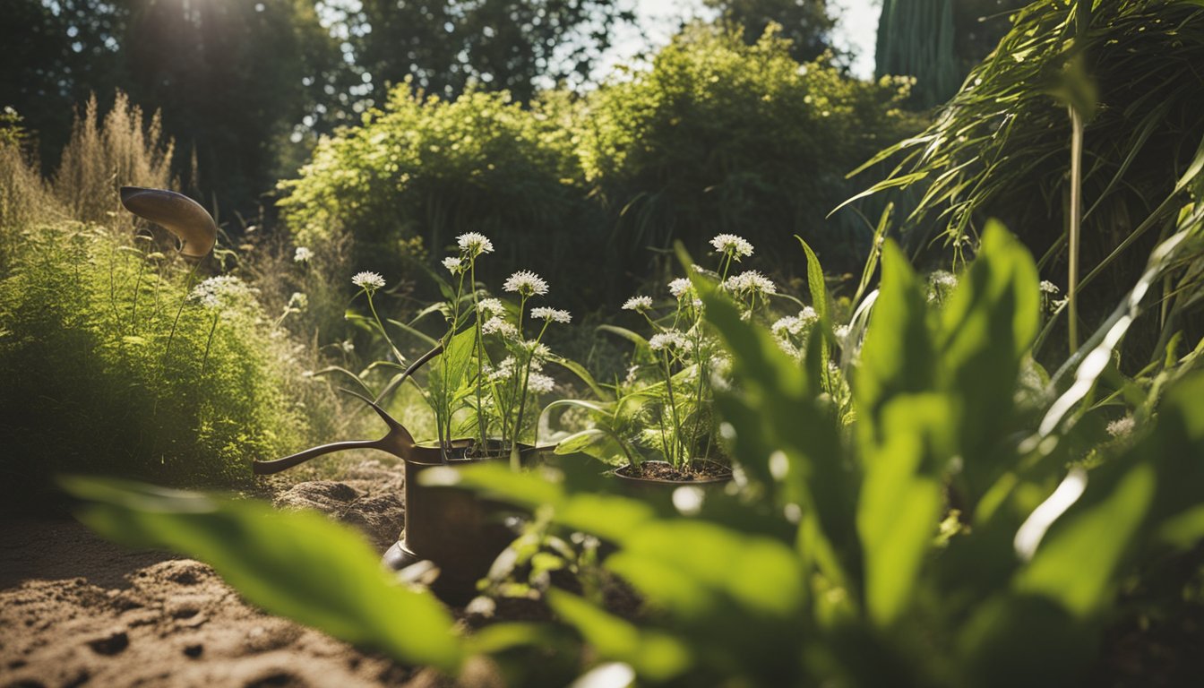 Native UK plants wilting in intense heat. Soil cracked, leaves drooping. Watering cans and hoses nearby. Sun beating down. Wildlife seeking shade