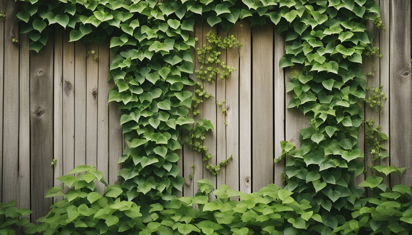 Lush green ivy and vibrant honeysuckle climb up a rustic wooden fence, intertwining with each other and reaching for the sun