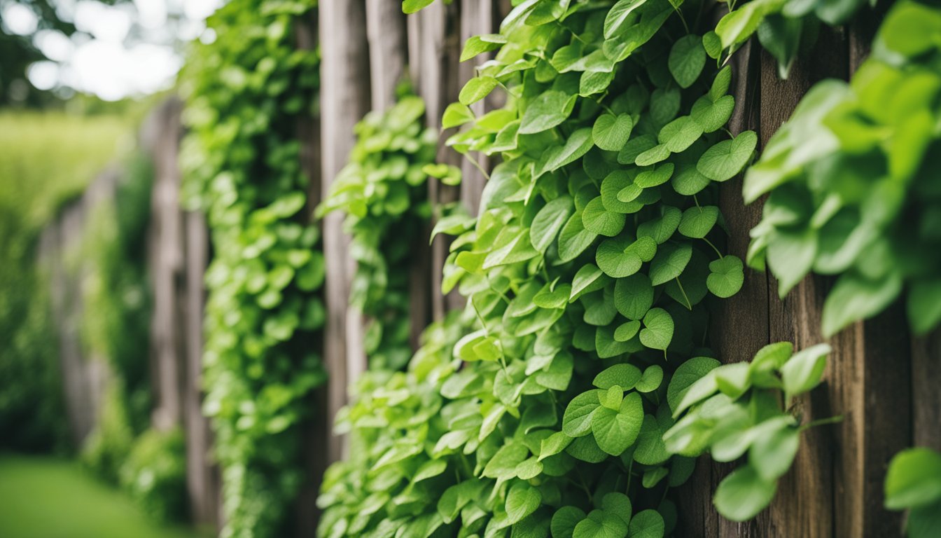 Lush green foliage of native UK climbers twine around a wooden fence and stone wall, thriving under the care of a gardener