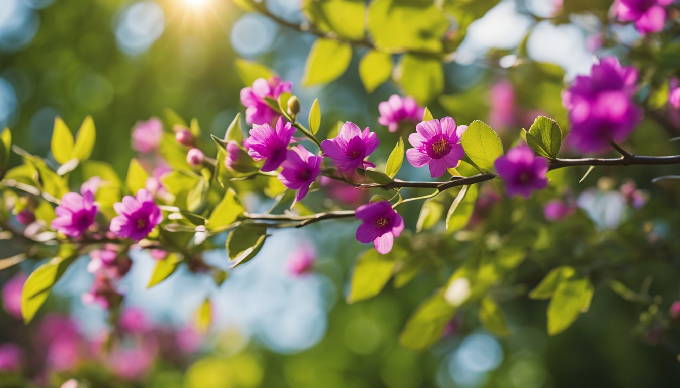 Vibrant native UK climbers cover fences and walls, intertwining and reaching for sunlight. Various species bloom in a spectrum of colors, creating a lively and natural display