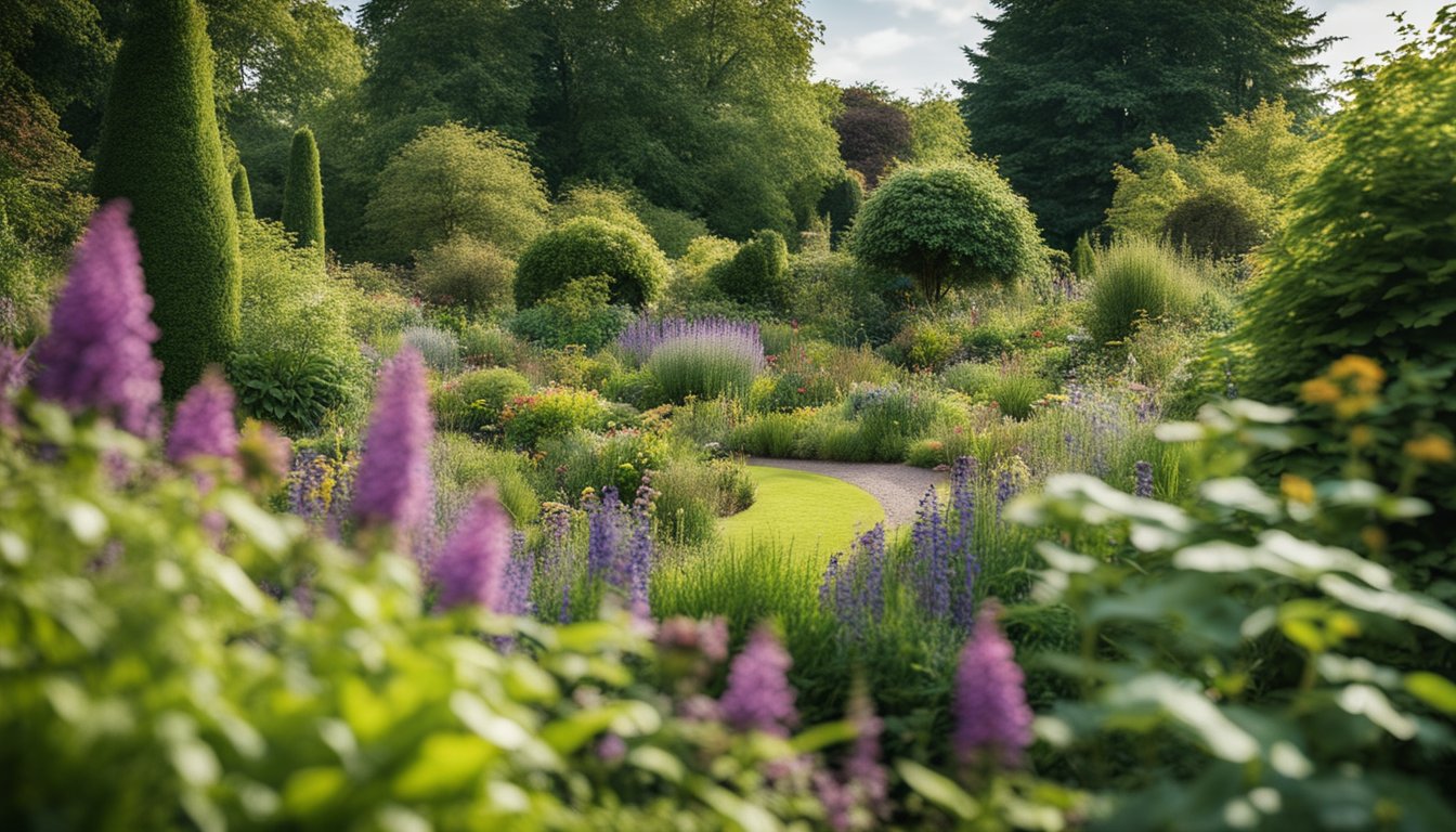 A lush garden filled with vibrant native UK plants, attracting a variety of birds, bees, and butterflies. The diverse flora creates a thriving ecosystem