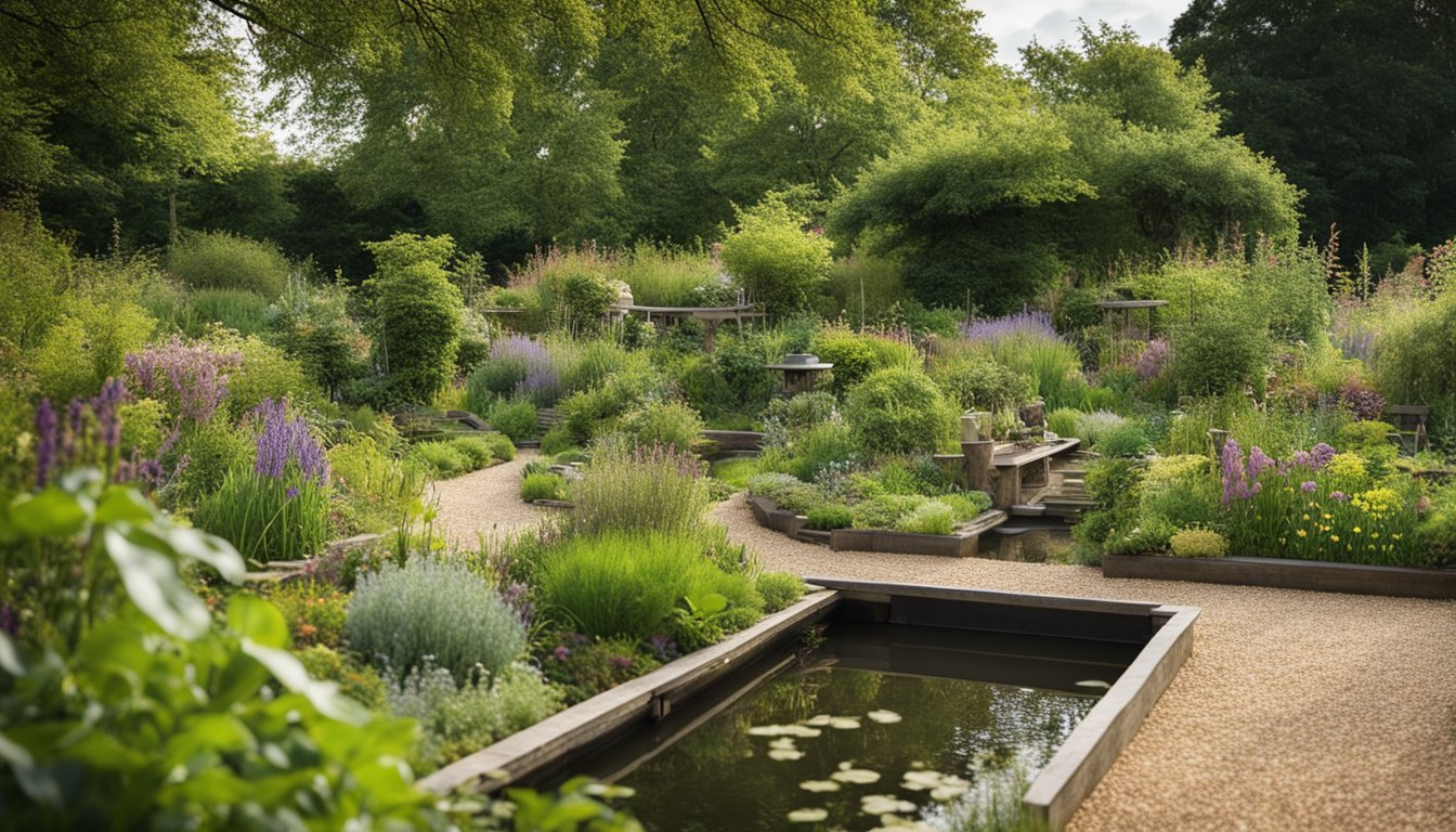 A garden filled with native UK plants, attracting diverse wildlife. Bird feeders, insect hotels, and a pond provide habitats for animals