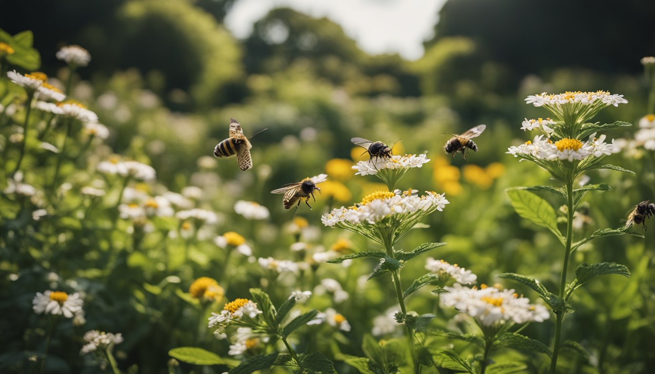 A lush garden filled with native UK plants, buzzing with bees and fluttering with butterflies. A variety of flowers and foliage create a vibrant and biodiverse landscape