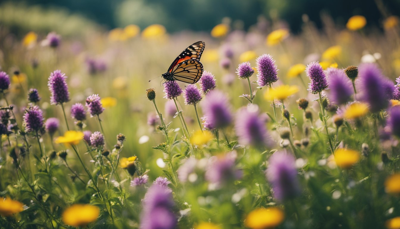 A meadow filled with colorful native UK plants, attracting butterflies with vibrant blooms and nectar-rich flowers