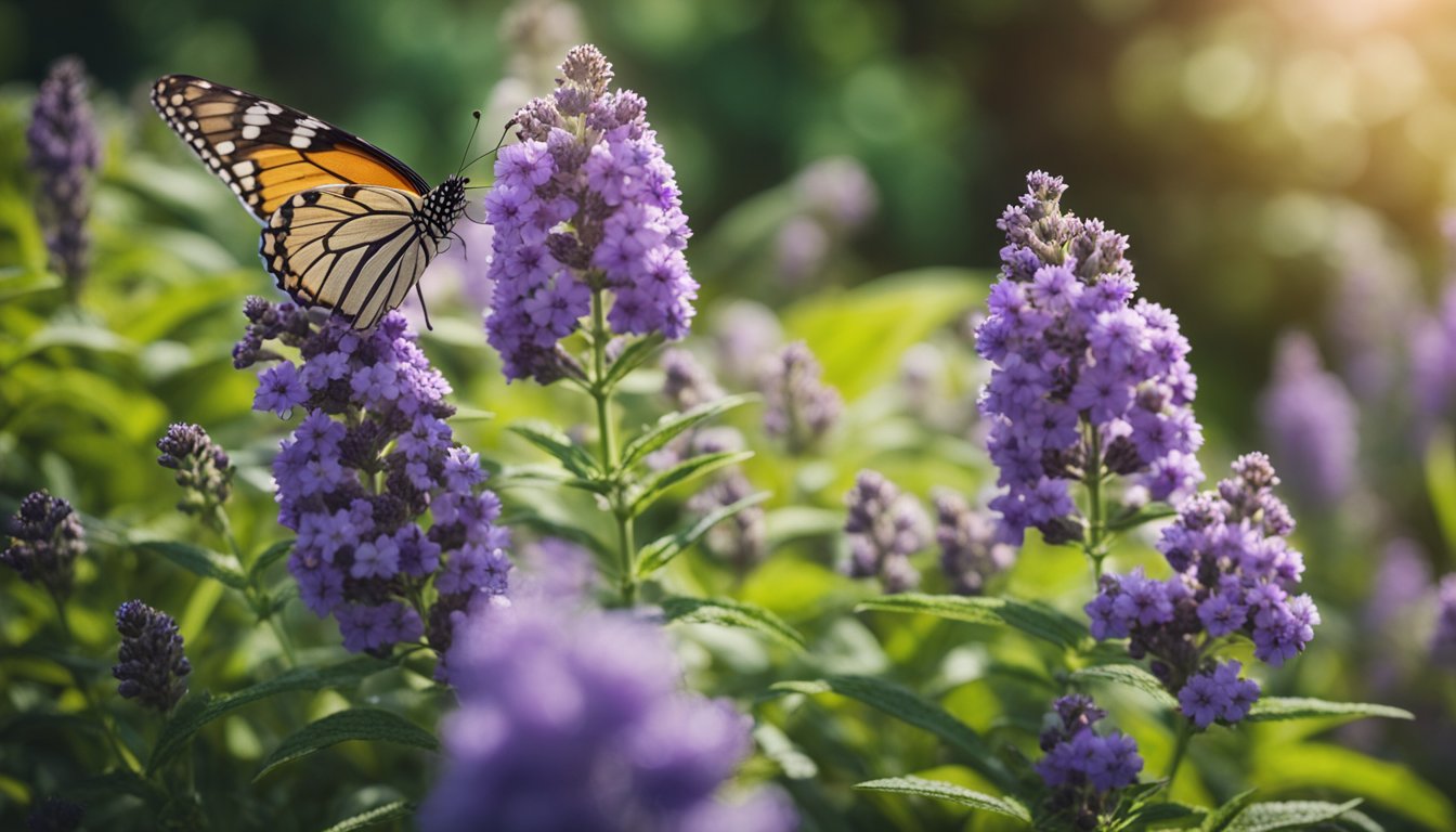 A garden filled with native UK plants like buddleia, lavender, and thyme, surrounded by fluttering butterflies of various colors and sizes