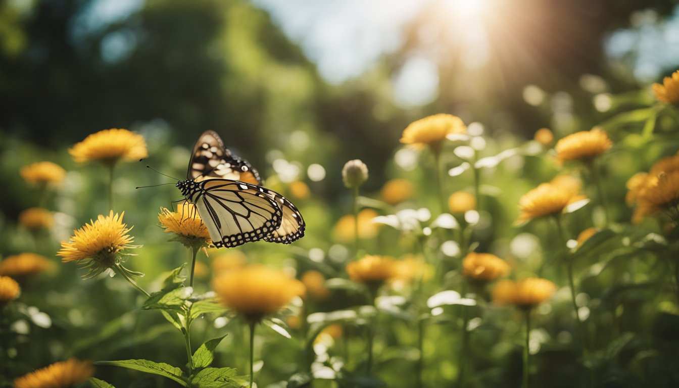 A lush garden filled with native UK plants, vibrant colors, and fluttering butterflies. The air is alive with the gentle hum of wings and the sweet scent of nectar