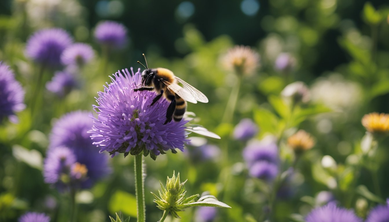 A vibrant garden filled with native UK plants in bloom, attracting a variety of pollinators such as bees, butterflies, and birds