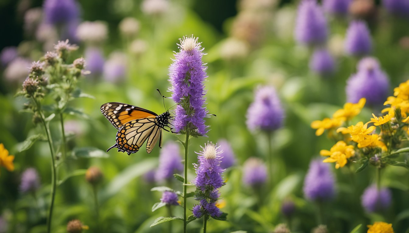 A garden with blooming native UK plants, buzzing with bees and fluttering with butterflies. Bright colors and varied textures create a vibrant and inviting space for pollinators