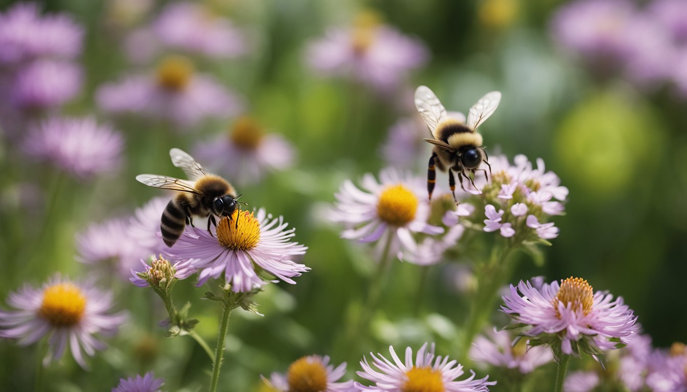 A garden filled with native UK plants, buzzing with pollinators. Bees, butterflies, and other insects flit from flower to flower, benefiting from the nectar and pollen provided by the diverse array of plants