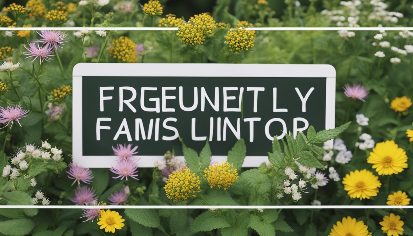 Colorful native UK plants in a garden, buzzing with pollinators. Clear signage reads "Frequently Asked Questions: Best Native UK Plants For Pollinator Gardens."