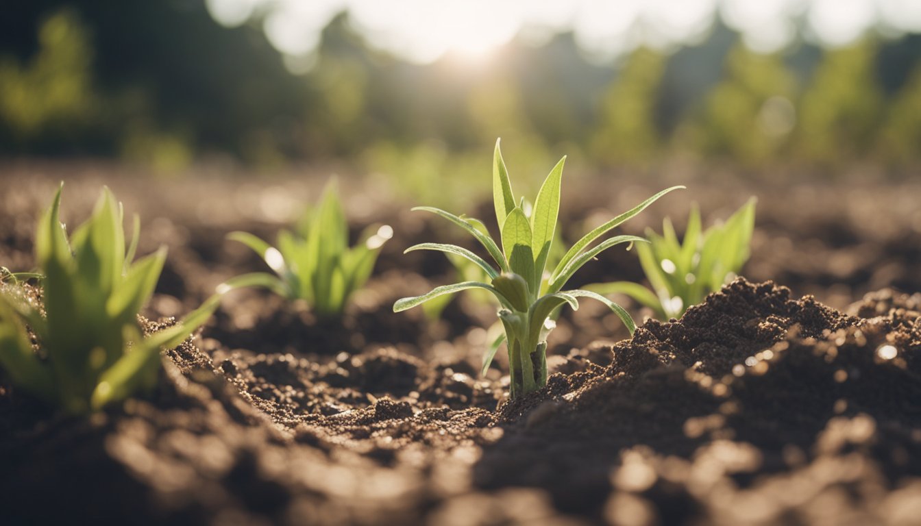 Dry, cracked soil surrounds wilted plants. A hose drips water onto parched earth. A sun beats down on struggling greenery