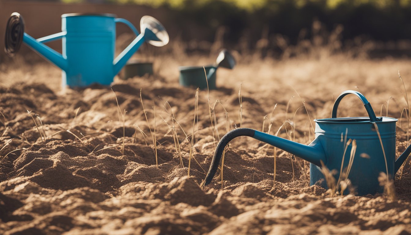 A dry, cracked garden with wilting plants and brown grass under a scorching sun. Empty watering cans and hoses lay abandoned on the parched soil