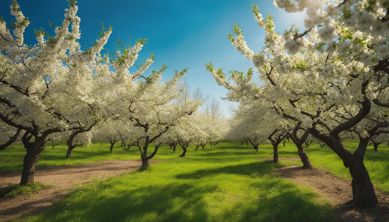 Lush orchard with apple, pear, and cherry trees in full bloom. Bees buzzing around, and birds chirping in the background