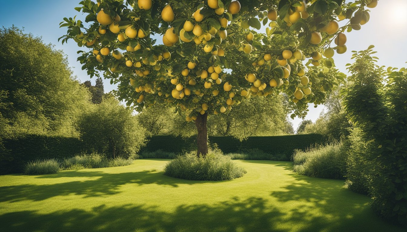 A garden with native UK fruit trees, like apple and pear, surrounded by greenery and a clear blue sky