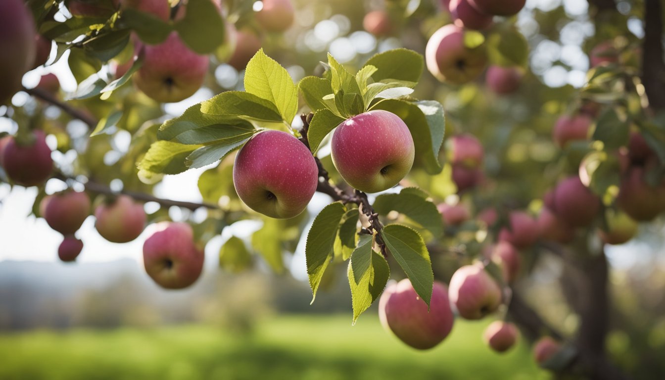 A flourishing apple tree in a garden, with blossoms in spring, fruit in summer, and colorful leaves in autumn. Other native UK fruit trees in the background