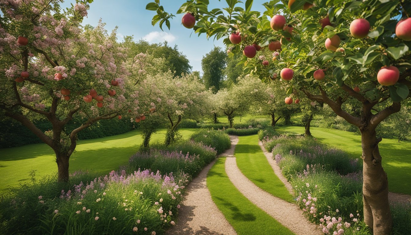 A lush garden with various native UK fruit trees, including apple, pear, cherry, and plum, surrounded by vibrant greenery and blooming flowers