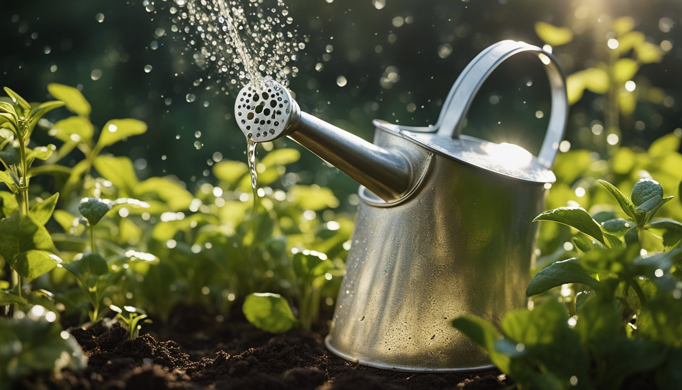 A watering can pours onto native UK plants, with droplets glistening in the sunlight. Roots soak up the water as the soil darkens