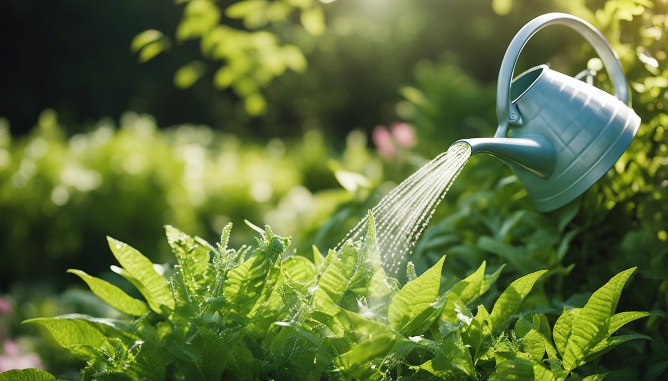 Lush green UK native plants being watered with a gentle spray, using a watering can or drip irrigation system. Sunlight filters through the leaves, creating a peaceful and nurturing environment