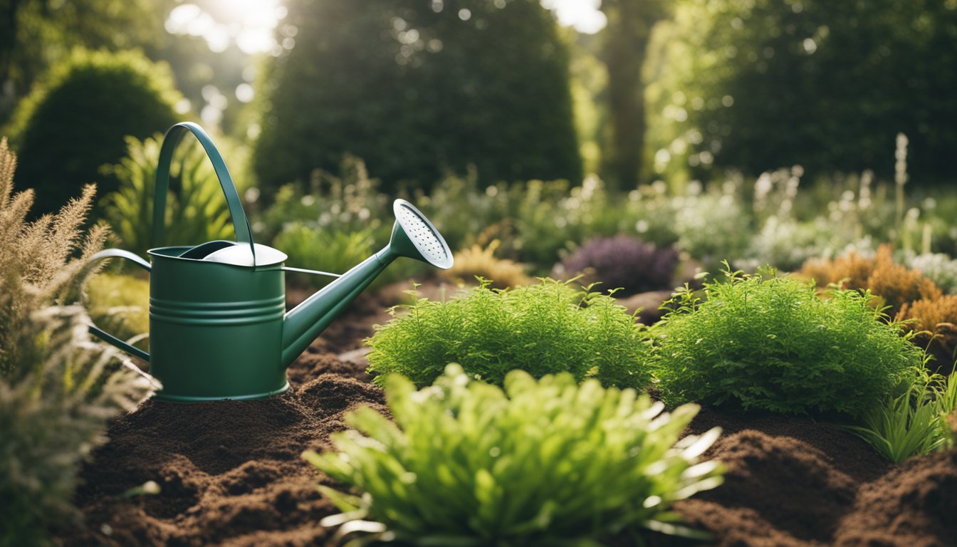 Lush UK native plants receive gentle watering with a watering can, surrounded by well-mulched soil and labeled with informative signs