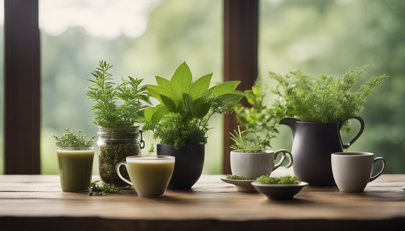 A collection of native UK plants arranged on a wooden table, with steaming cups of herbal tea beside them