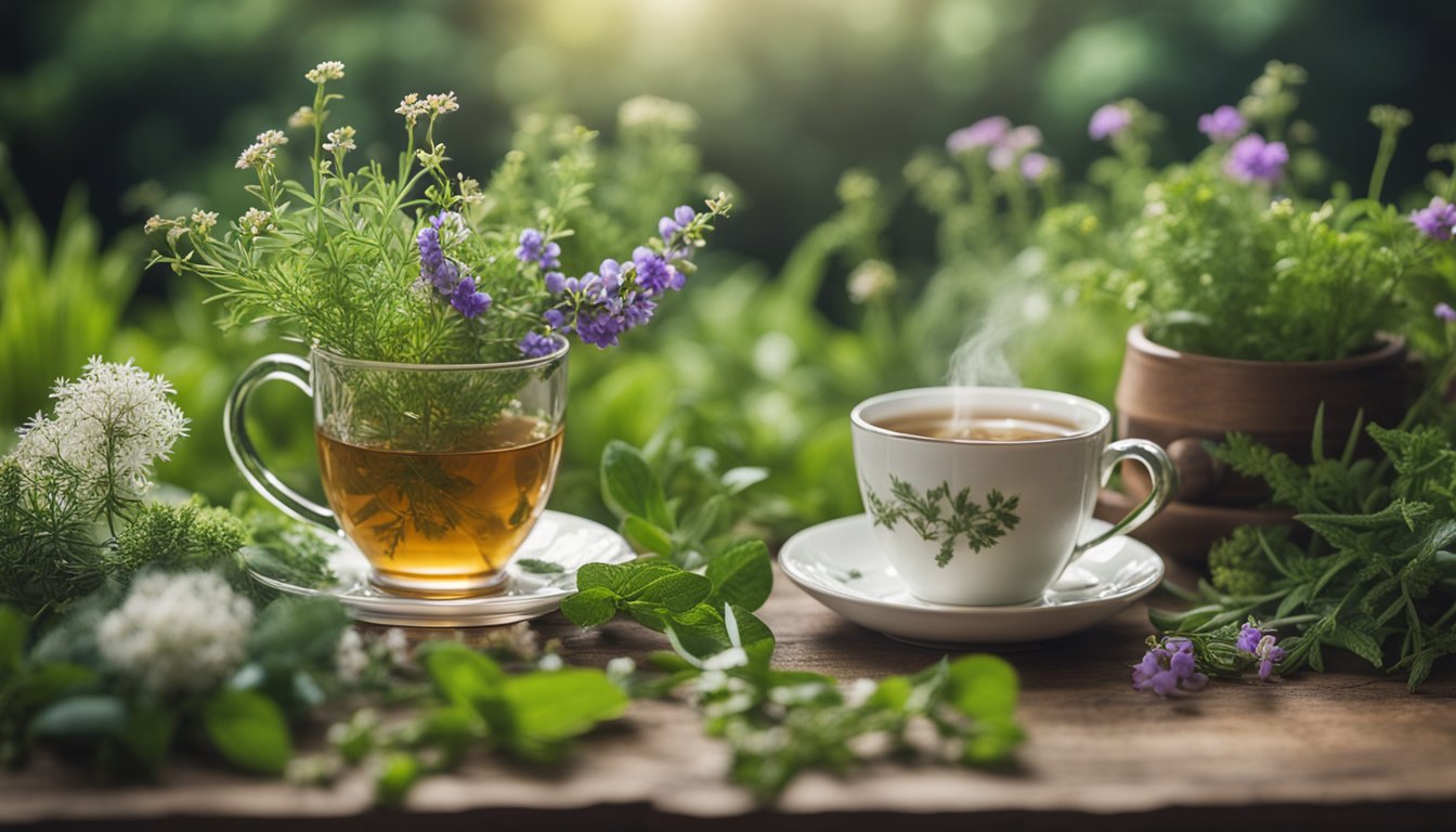 A variety of native UK plants arranged in a rustic setting, with a steaming cup of herbal tea surrounded by fresh herbs and flowers