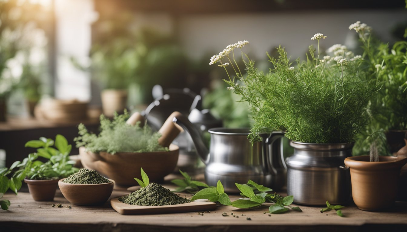 A table displays a variety of native UK plants, with a mortar and pestle for grinding. A kettle steams in the background