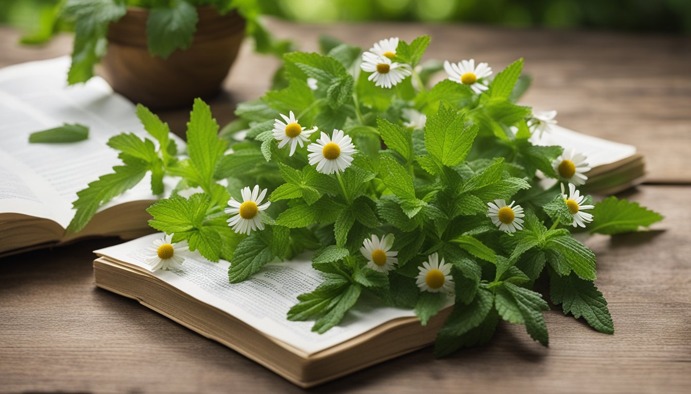 A collection of native UK plants, including nettle, chamomile, and peppermint, arranged on a wooden table with a stack of informational pamphlets