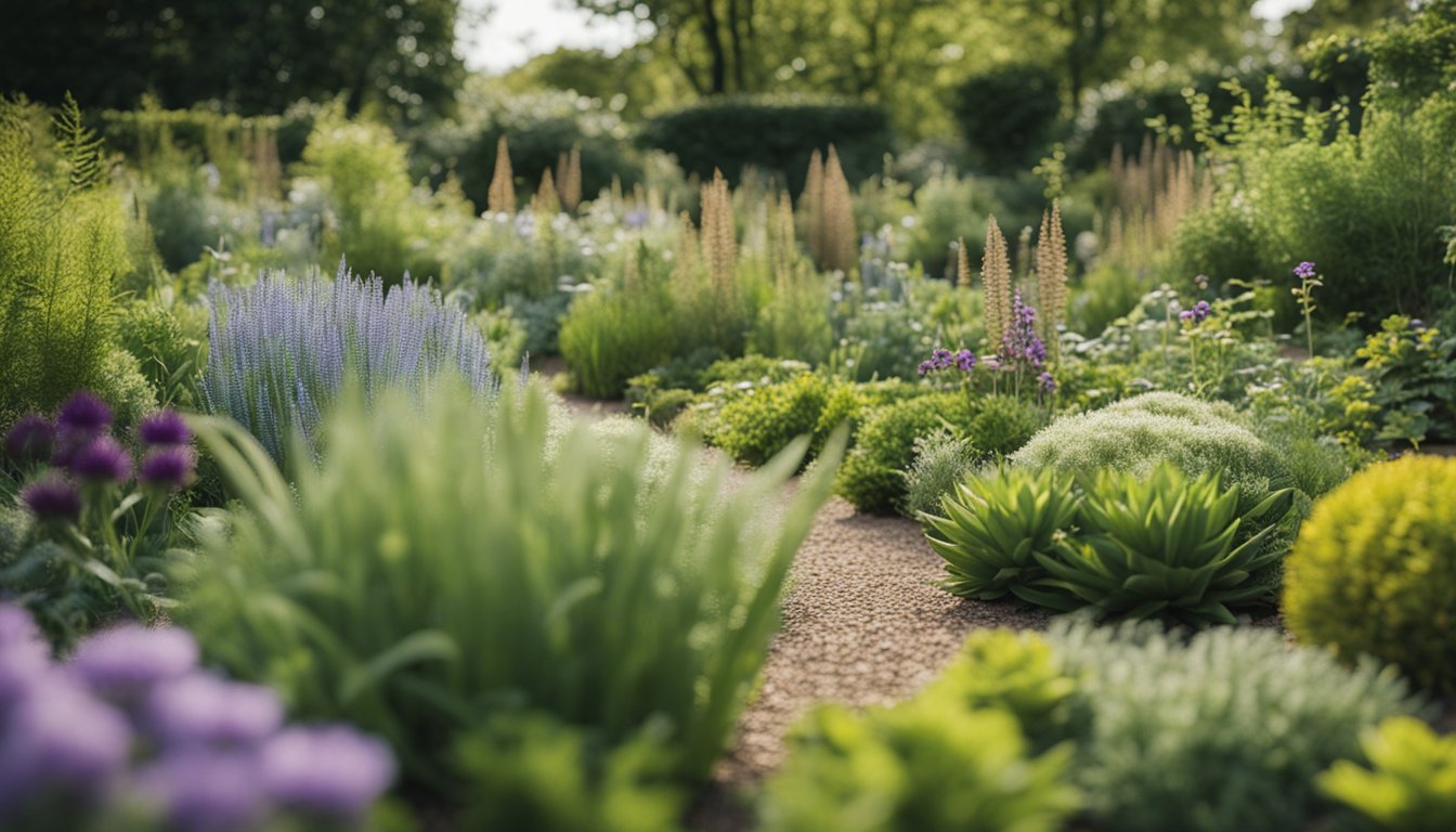 A variety of native UK plants arranged in a garden bed, with clear signage for each species. The garden is well-maintained and surrounded by a natural landscape