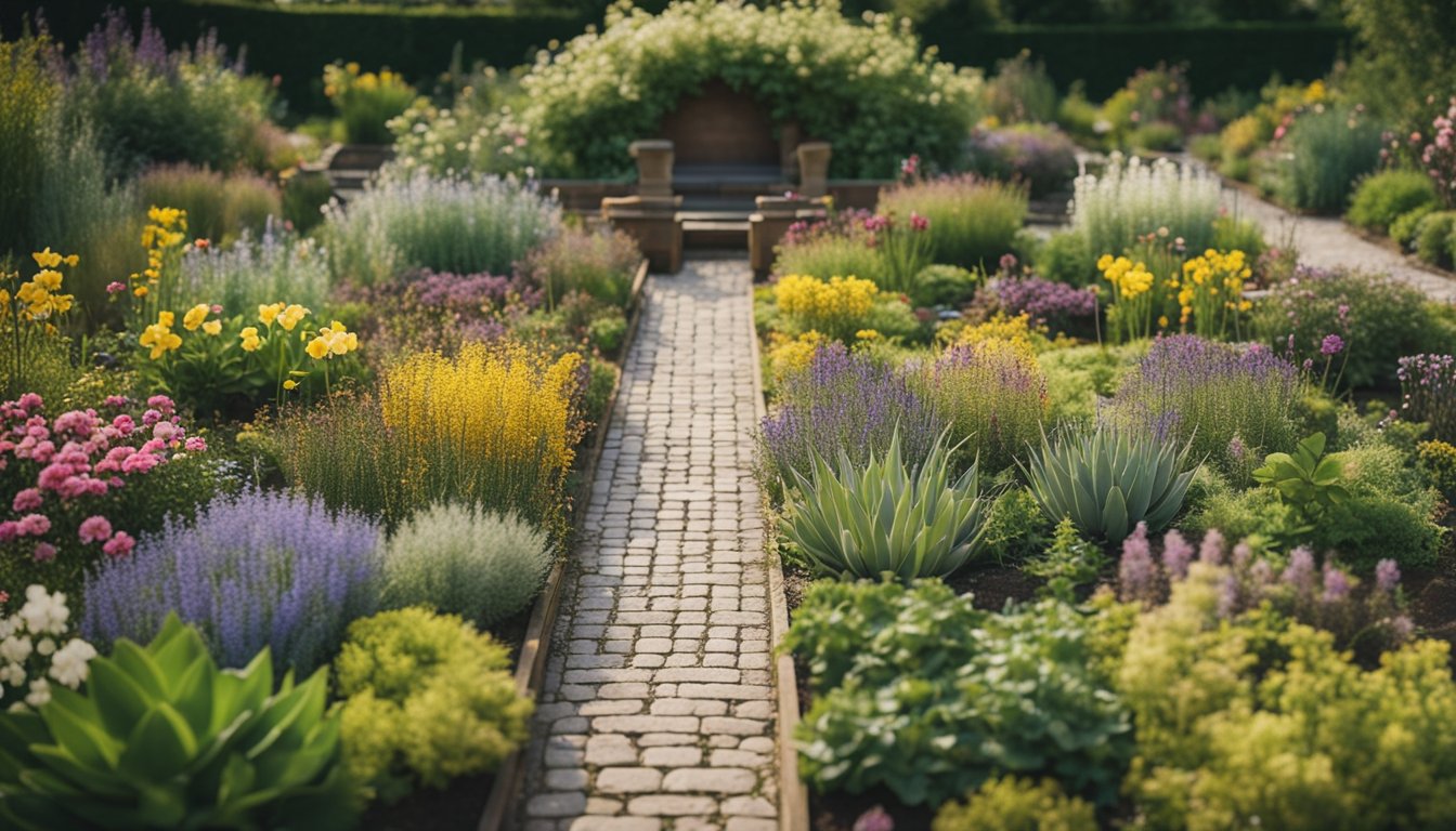 A bird's eye view of a well-organized native UK plant garden layout with clear pathways, labeled plant beds, and a variety of colorful flowers and foliage