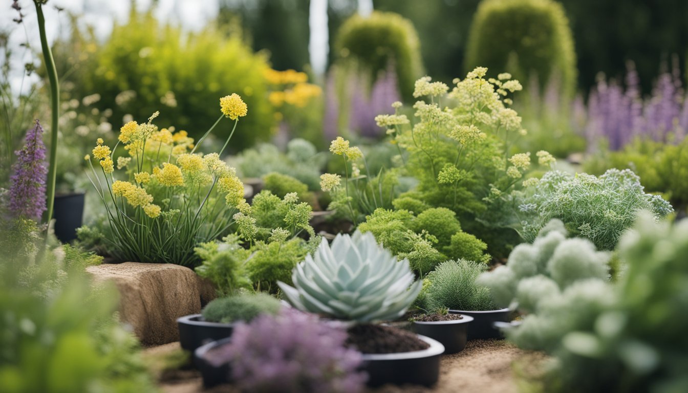 Native UK plants arranged in a garden, labeled with easy steps for planting. Clear, step-by-step instructions visible