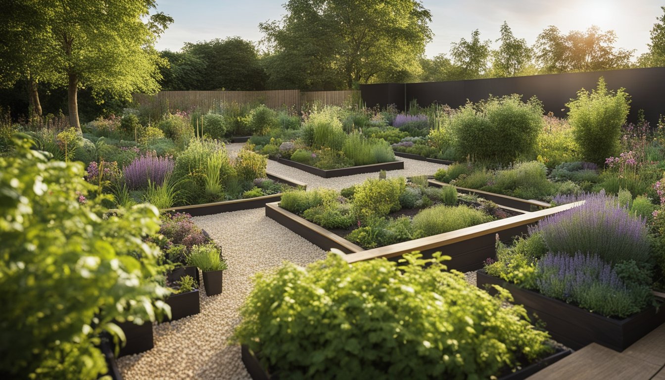 Lush garden with native UK plants, water-saving features, and shade-providing trees. Raised beds for flood prevention. Eco-friendly materials and composting area