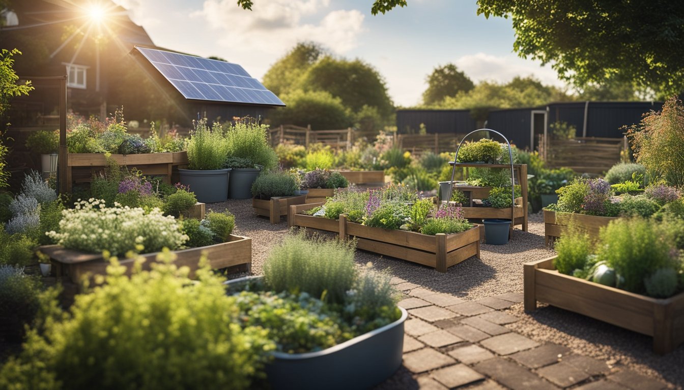 A garden with native UK plants, rainwater collection system, compost bins, and solar-powered lights. The layout accounts for changing climate patterns