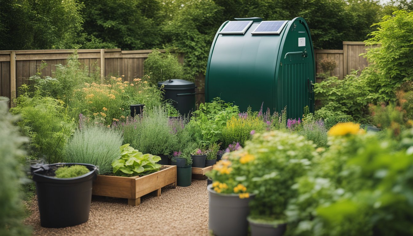 Lush garden with native UK plants, adapting to changing climate. Rain barrel, compost bin, and solar panels show eco-friendly approach