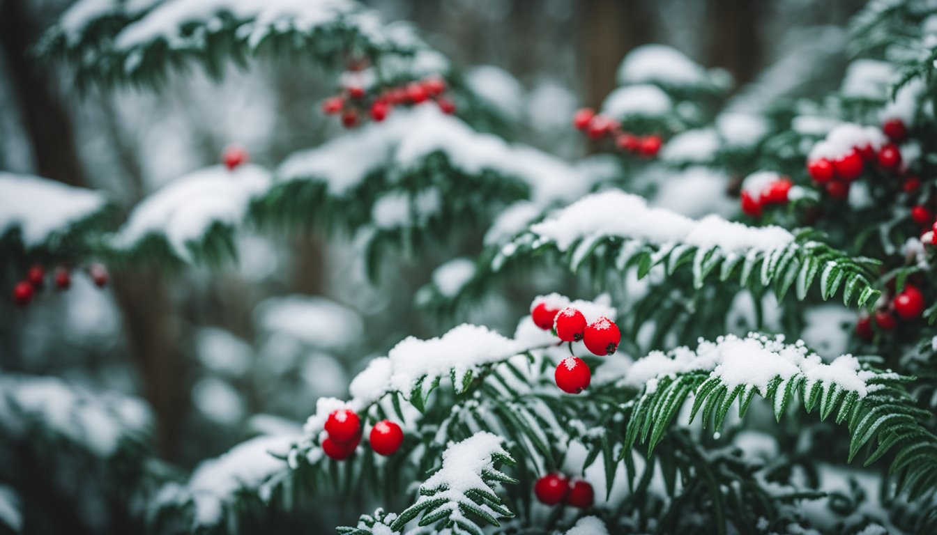 A snowy woodland with holly, ivy, and evergreen ferns. Berries and seed heads provide pops of color