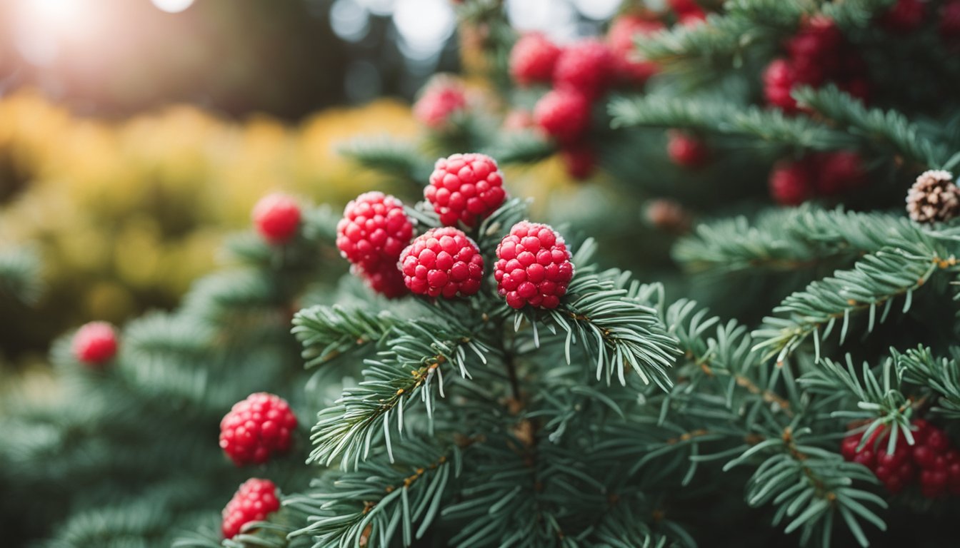 A garden with evergreen shrubs, colorful berries, and textured grasses for winter interest. No humans present