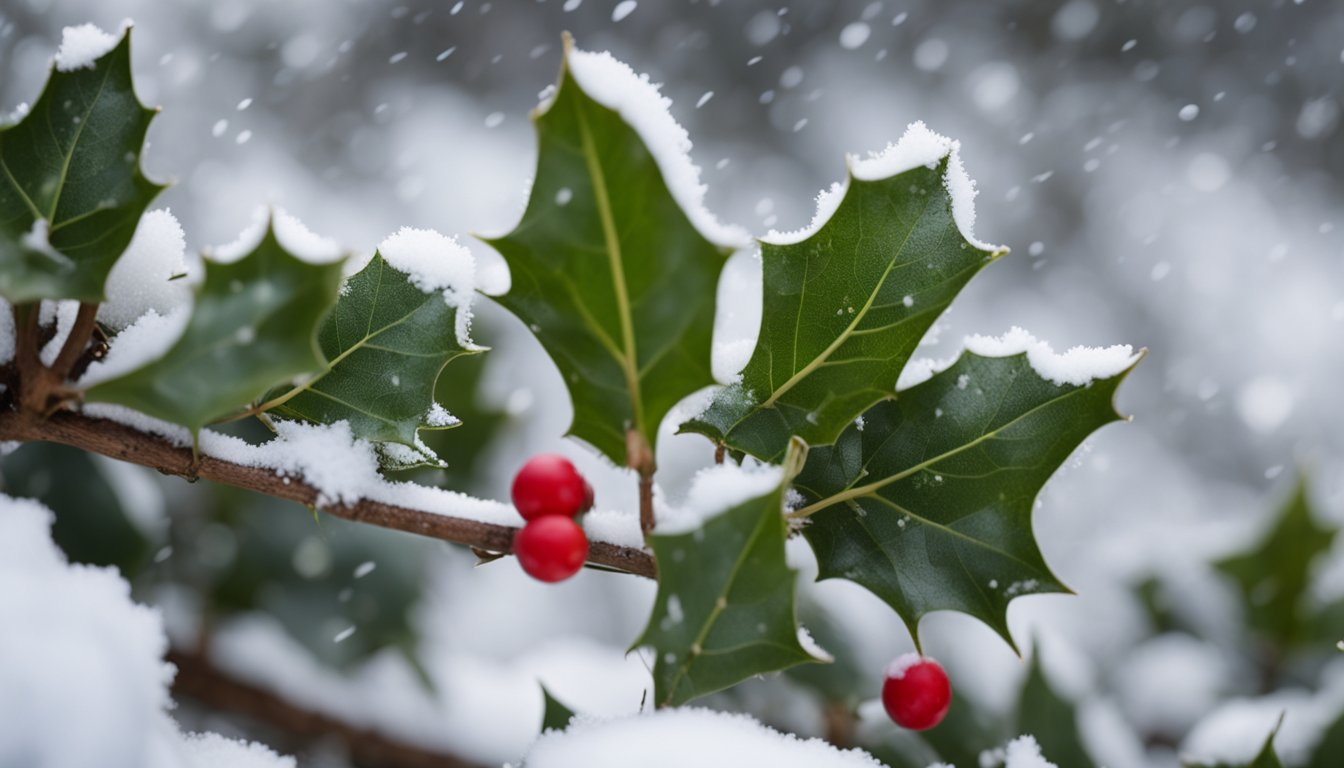 Native UK plants, like holly and ivy, thrive in winter. Snow covers the ground as a gardener tends to the hardy plants, adding a touch of color to the wintry landscape