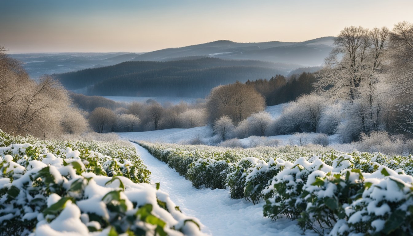 A snowy landscape with evergreen holly, ivy, and mistletoe, surrounded by bare trees and frost-covered grass