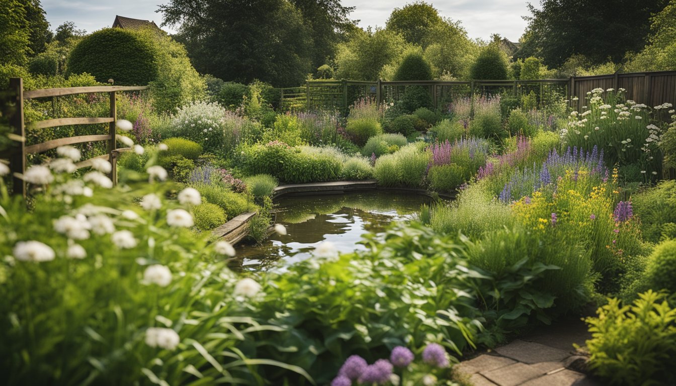 A lush green garden with native UK plants, including wildflowers, grasses, and shrubs, surrounded by a wooden fence and a small pond