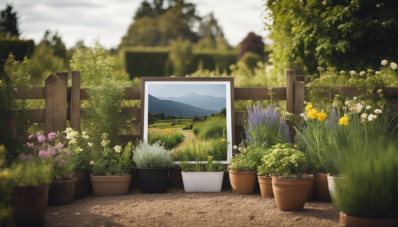 A blank canvas of earth, bordered by a wooden fence. A variety of native UK plants and flowers lay in pots nearby, ready to be planted