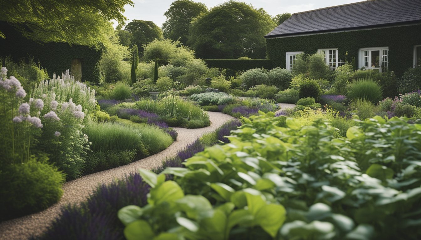 A lush garden with native UK plants being carefully selected and planted in organized rows, surrounded by a backdrop of greenery and wildlife