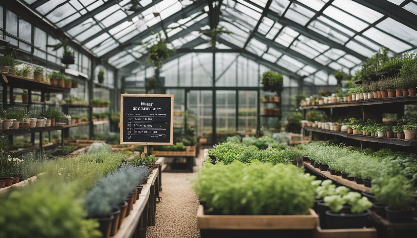 A small UK native plant nursery with rows of potted plants, a greenhouse, and a sign displaying the name of the nursery