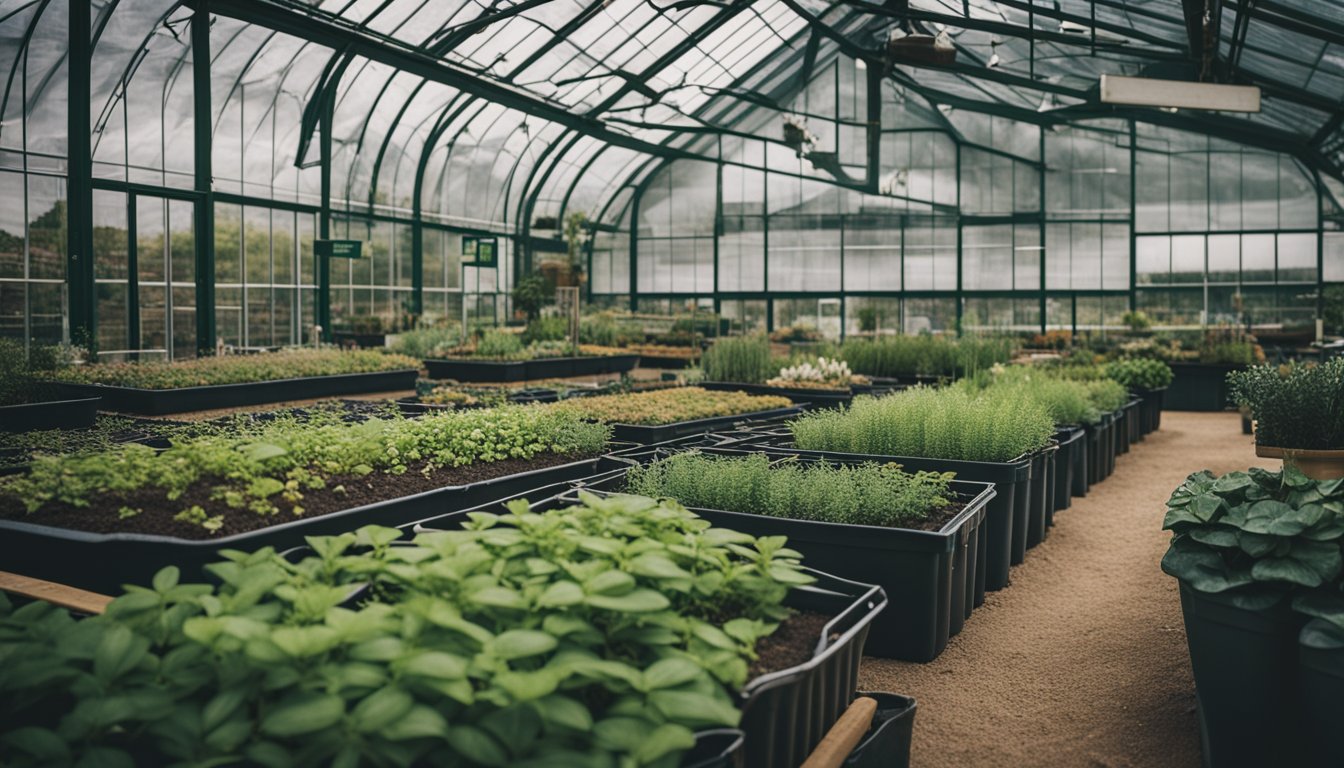 A small UK native plant nursery with rows of potted plants, a greenhouse, and a sign with the nursery's name